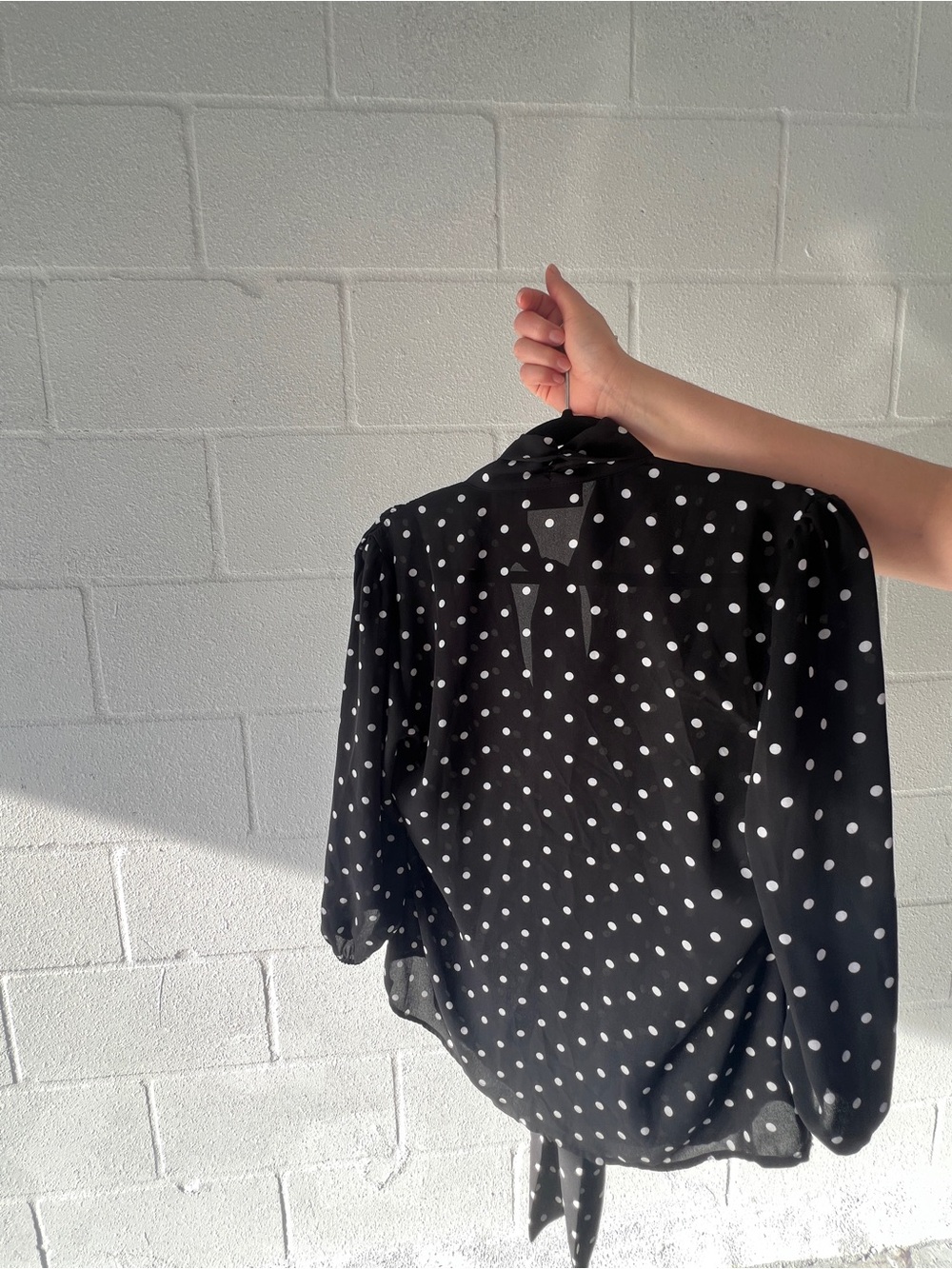 Avenue Black and White Polka Dot Tie-Neck Blouse - Picture 7 of 8